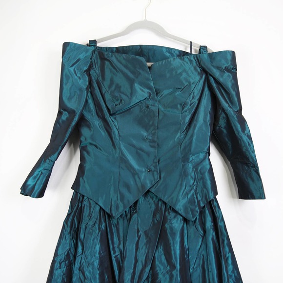 Vintage 70s 80s Peacock Green Teal Strapless Ball Gown with Jacket Size XXS/XS - Picture 6 of 14